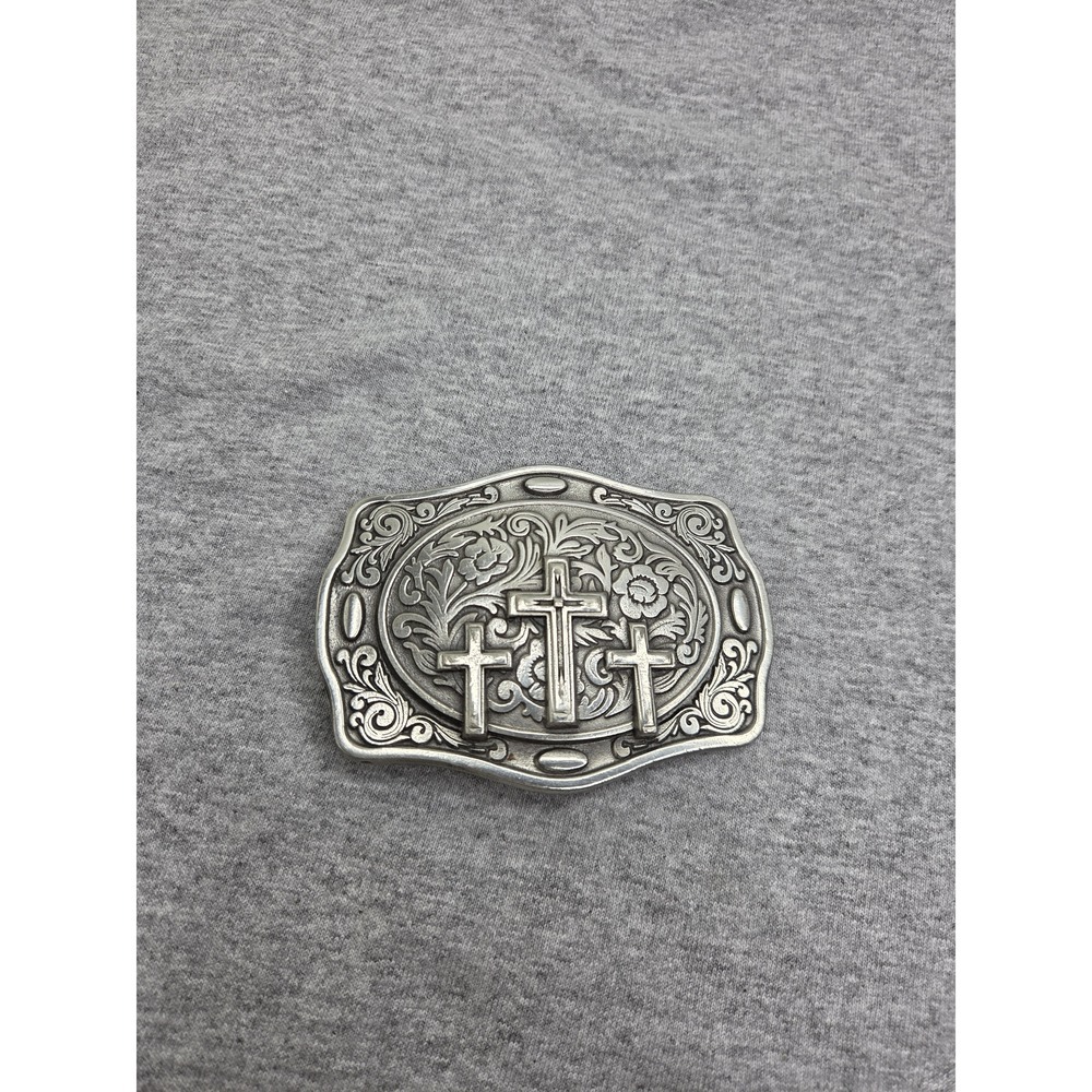 Fine Pewter Three Cross Floral Religious Belt Buckle